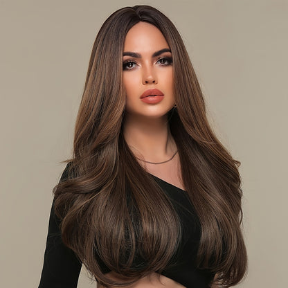 fachgo | Long Wavy Brown Wig - Natural Style Synthetic Wig with Bangs and Curly Hair for Women