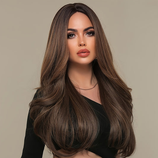 fachgo | Long Wavy Brown Wig - Natural Style Synthetic Wig with Bangs and Curly Hair for Women