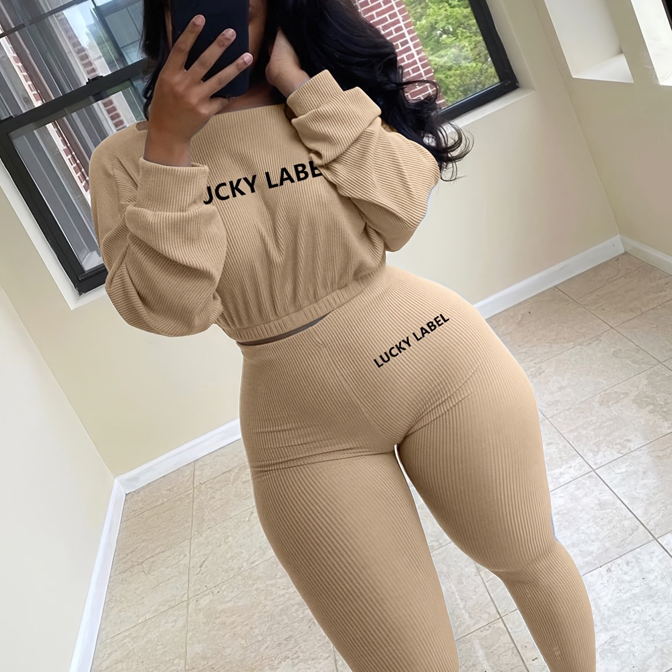 fachgo | [Women's Sweatshirt Set] Letter Embroidery Women's Two Piece Ribbed s Fall Spring Long Sleeve Sweatshirt and Skinny Pants Set