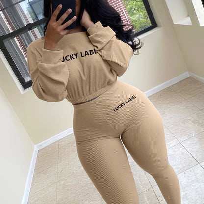 fachgo | [Women's Sweatshirt Set] Letter Embroidery Women's Two Piece Ribbed s Fall Spring Long Sleeve Sweatshirt and Skinny Pants Set