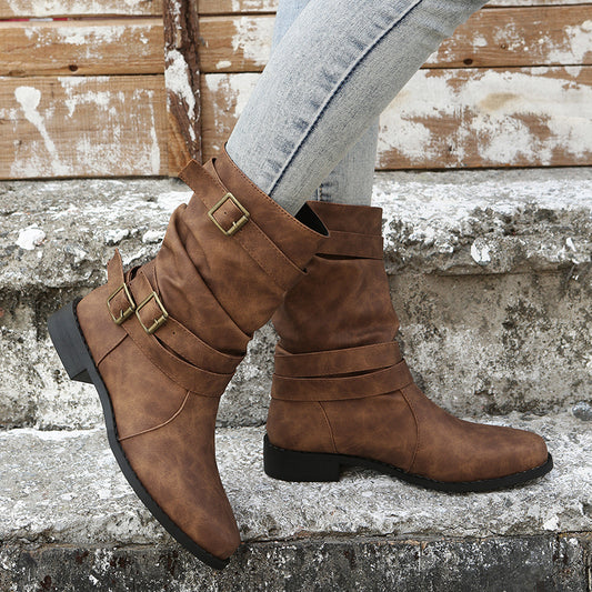 fachgo | Ruched Buckle Decor Mid Calf Boots For Women, Solid Color Retro Women's Cowboy Boots, Western Short Boots