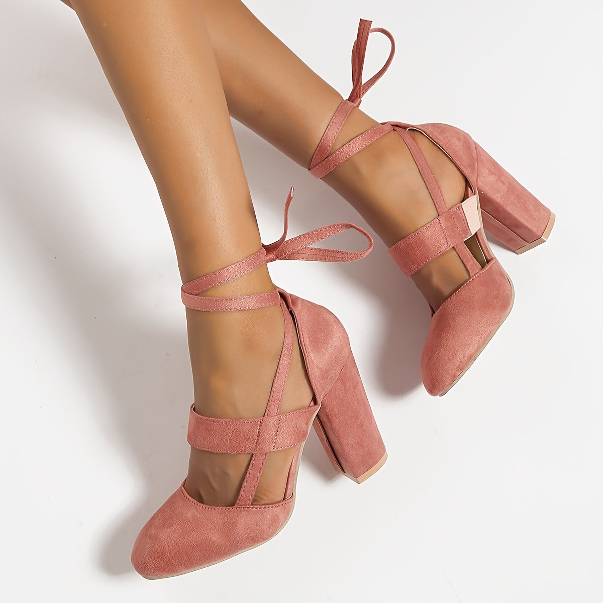 fachgo | [Elegant Sandals] Elegant High Heel Sandals | Women's - Solid Color Fabric Upper, Round Toe, Lace-Up Ankle Strap, Block Heel, Rubber Sole, Man-Made Insole & Inner Material