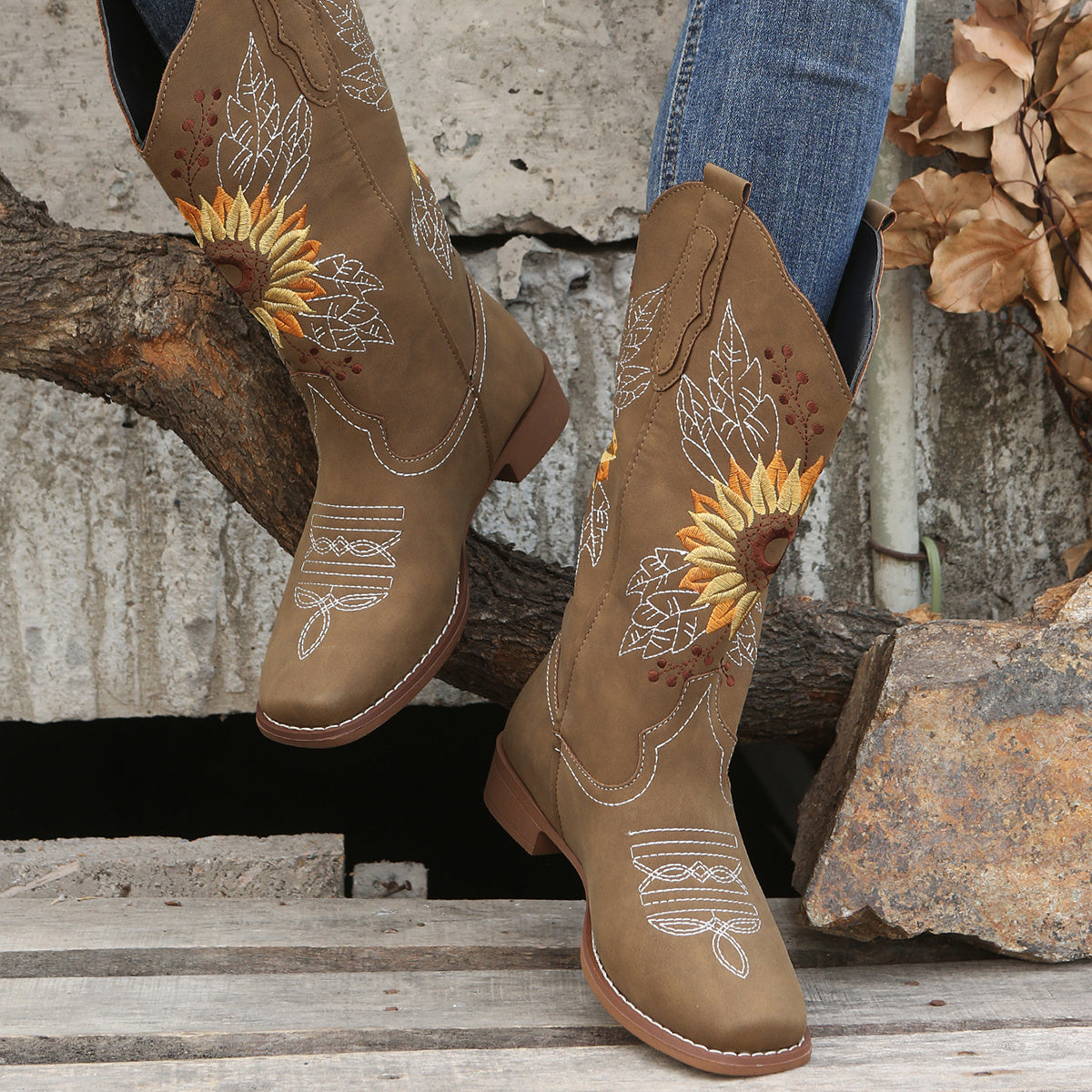 fachgo | [Mid Calf Embroidered Western Boots] Women's Embroidered Mid Calf Western Boots, Faux Leather Fashion Boots, Women's Footwear