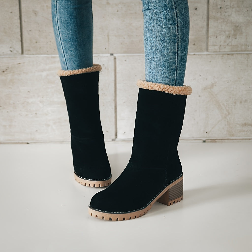 fachgo | Women's Warm Faux Fur Lined Boots, Slip On Block Heeled Ankle Boots, Women's Footwear