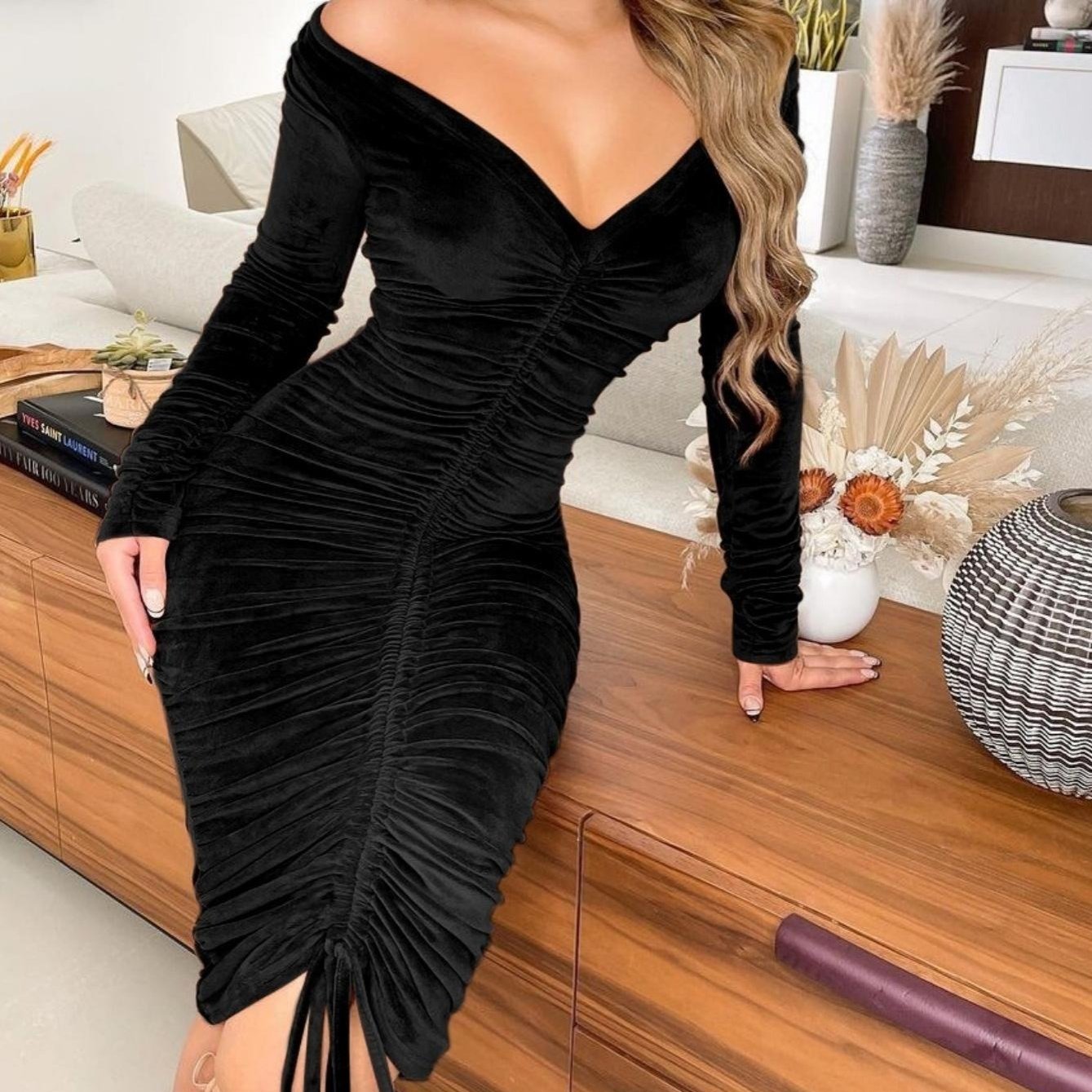 fachgo | Women's Dresses V Neck Off The Shoulder Velvet Ruched Mid-length Dresses