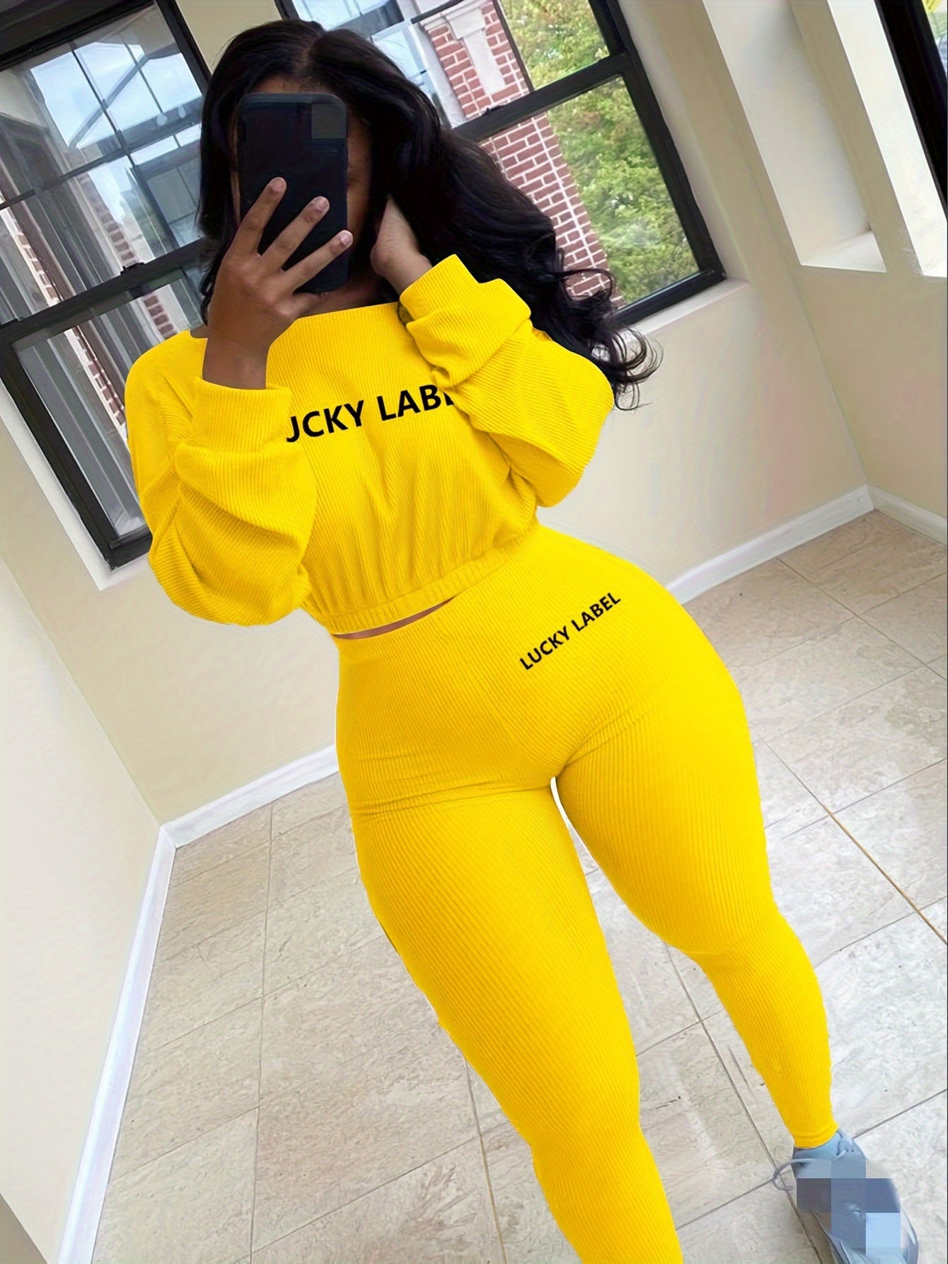 fachgo | [Women's Sweatshirt Set] Letter Embroidery Women's Two Piece Ribbed s Fall Spring Long Sleeve Sweatshirt and Skinny Pants Set