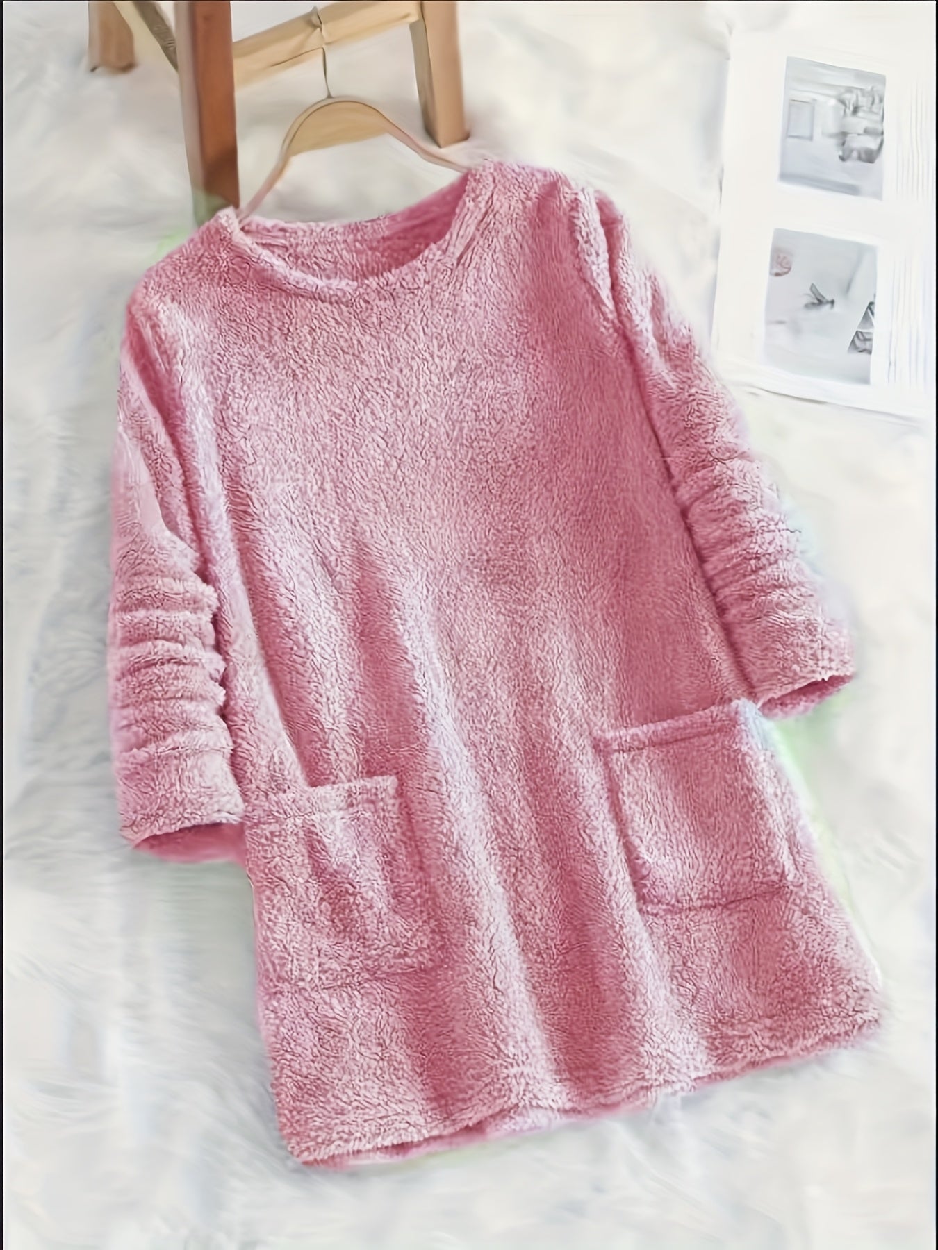 fachgo | Women's Cozy Plush Sweatshirt, Soft Purple Long Sleeve Pullover with Front Pockets Round Neck, Casual Sweater for Spring/Fall, Everyday & Formal Outfits