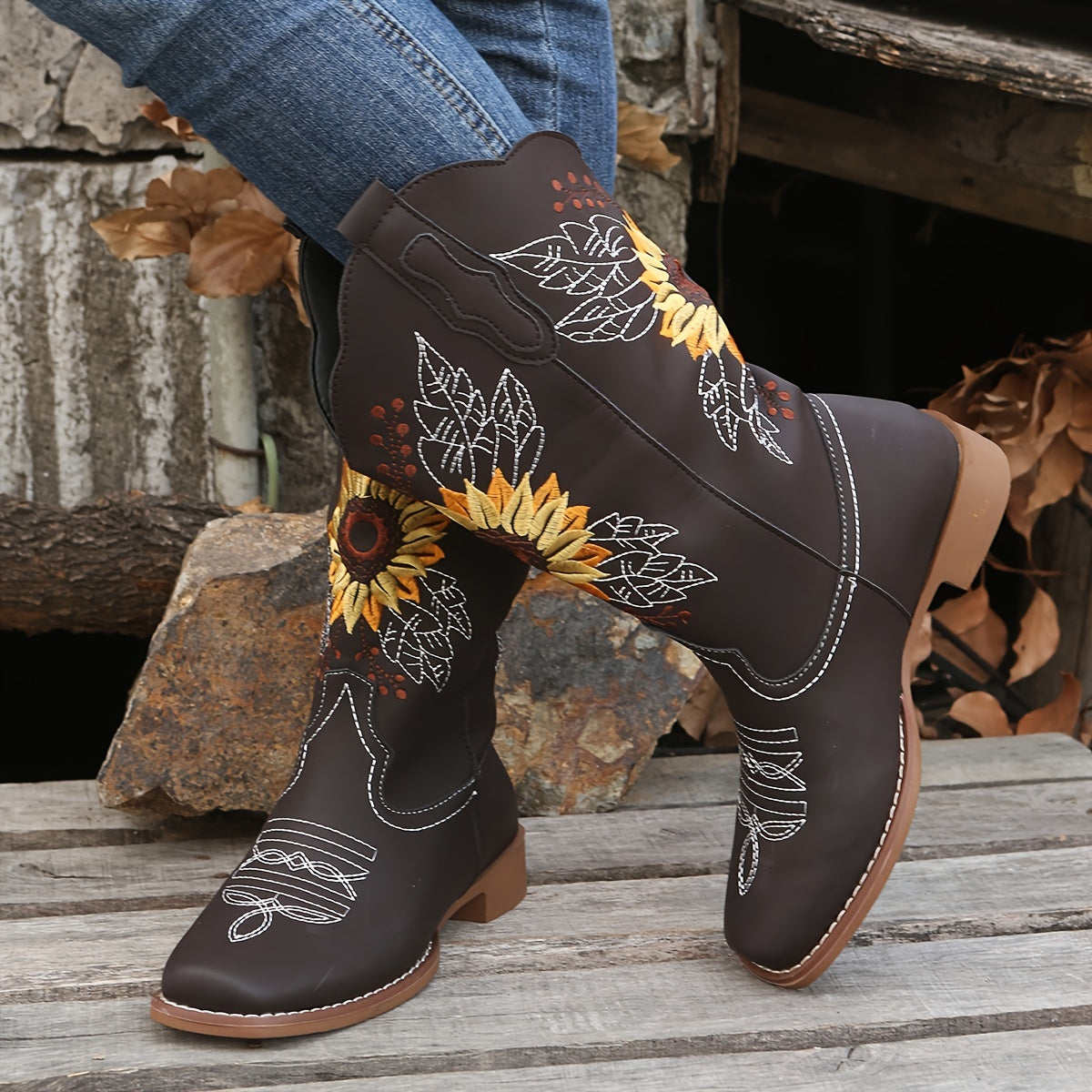 fachgo | [Mid Calf Embroidered Western Boots] Women's Embroidered Mid Calf Western Boots, Faux Leather Fashion Boots, Women's Footwear