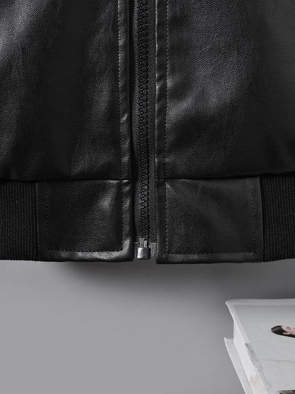 fachgo | Boys' Faux Leather Jacket with Fleece Lining - Thickened Winter Coat, Full-Zip Front Closure, Machine Washable, Casual Style for Fall/Winter, Regular Fit