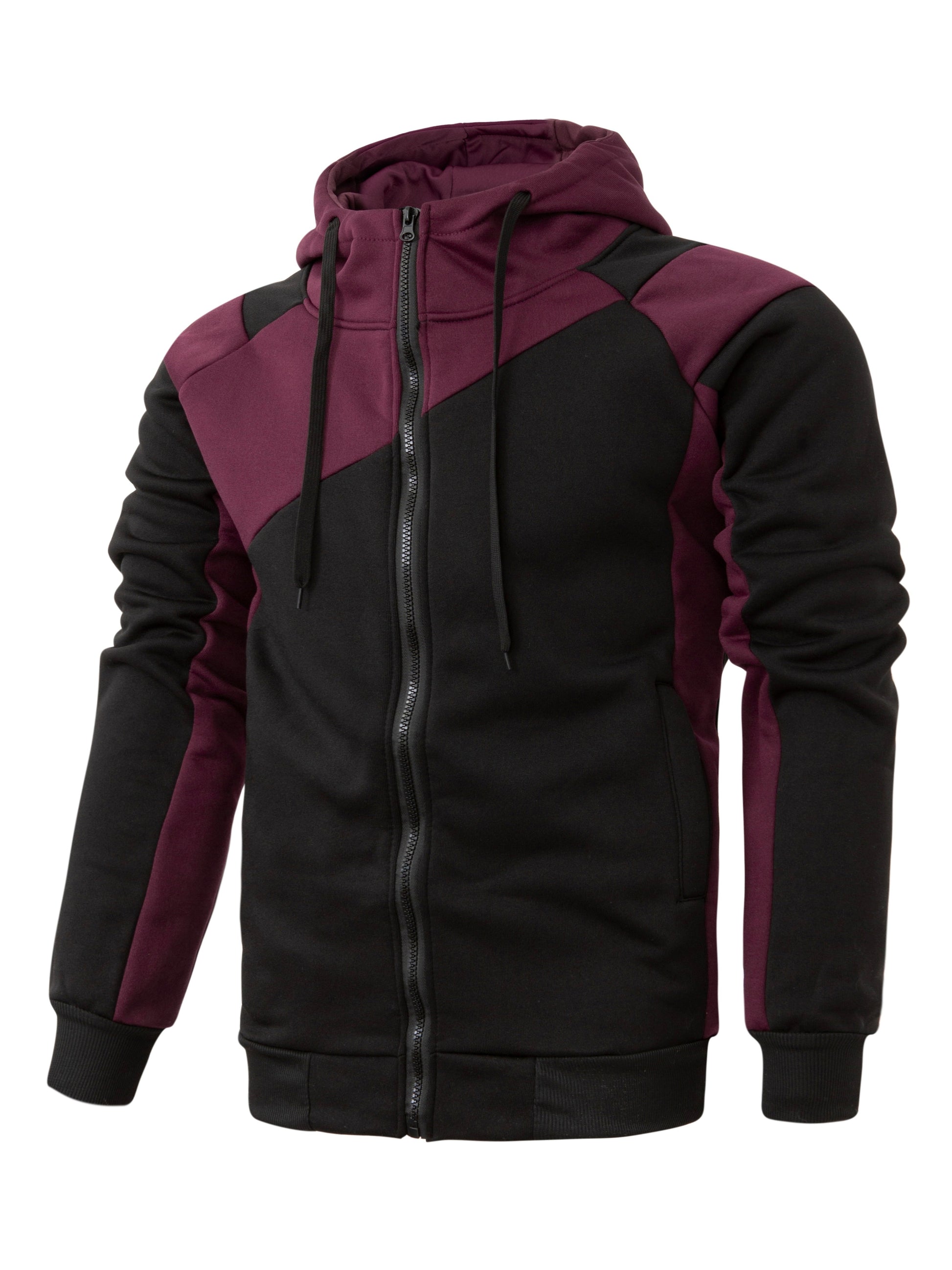 fachgo | Long Sleeves Men's Color Block Fleece Sweatshirt with Pockets, Zipper Hooded Drawstrings