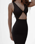 Black Cut-Out Midi Dress for Women Rib Bodycon Summer Dress