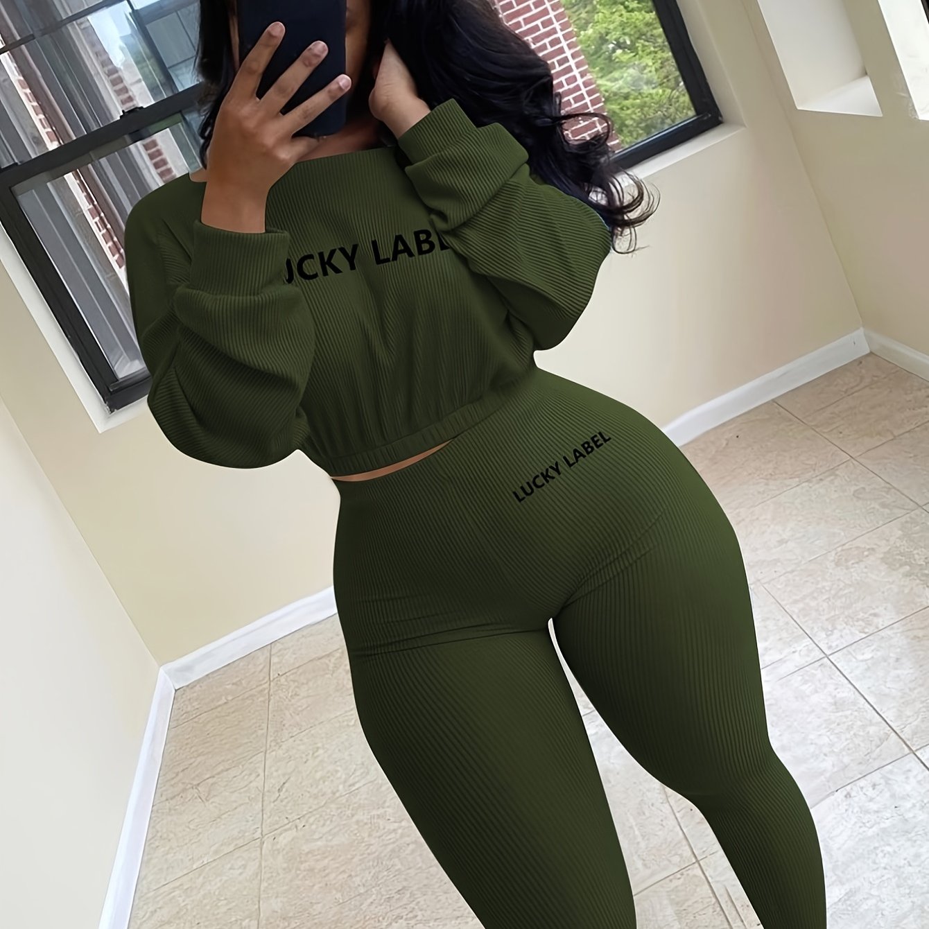 fachgo | [Women's Sweatshirt Set] Letter Embroidery Women's Two Piece Ribbed s Fall Spring Long Sleeve Sweatshirt and Skinny Pants Set