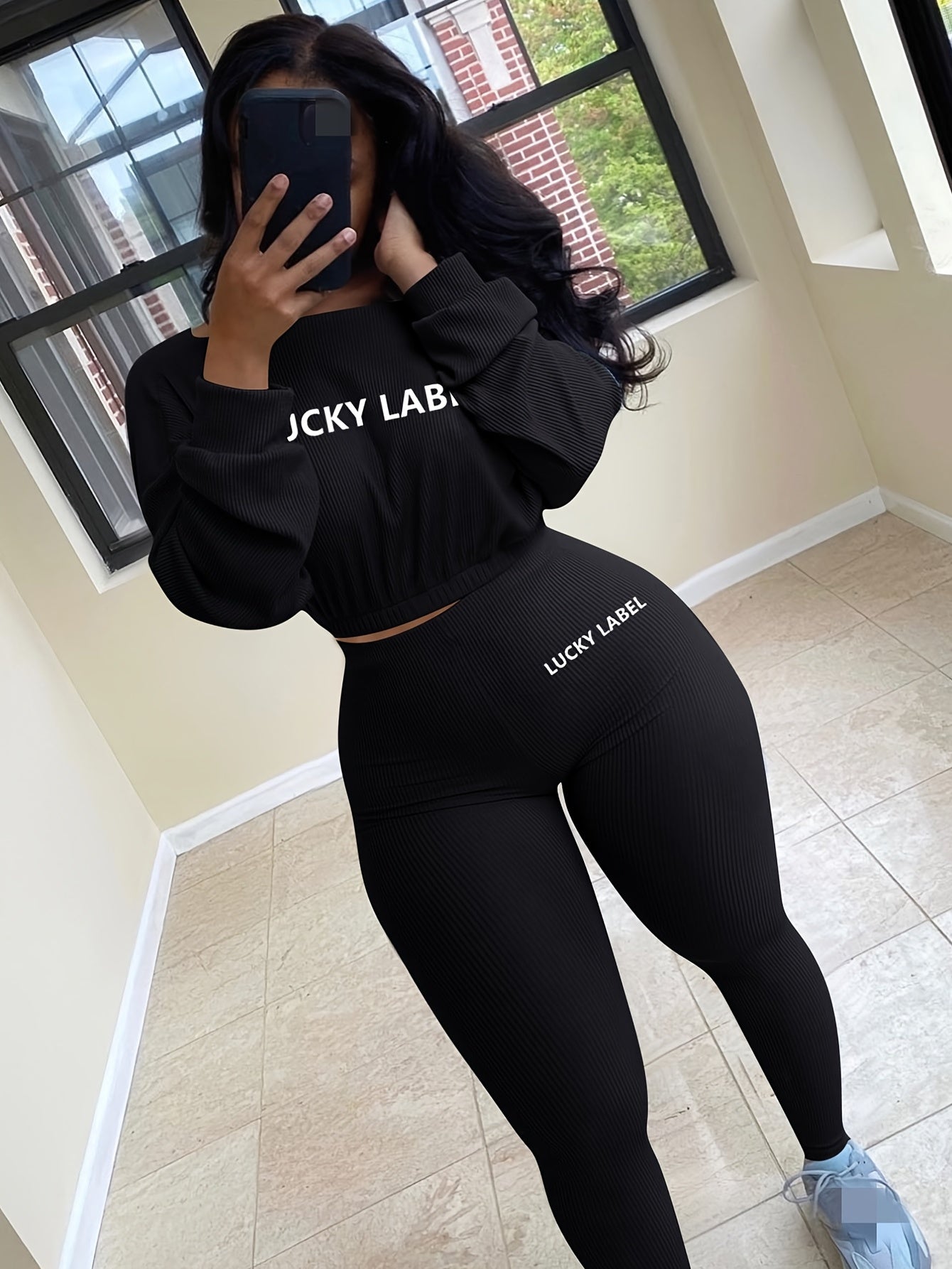 fachgo | [Women's Sweatshirt Set] Letter Embroidery Women's Two Piece Ribbed s Fall Spring Long Sleeve Sweatshirt and Skinny Pants Set