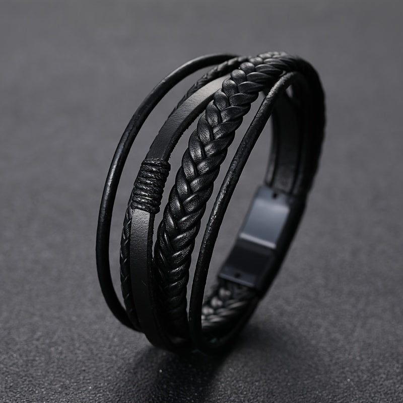 fachgo | 1pc Men's Hand-Woven Multi-Layer Leather Bracelet with Buckle Closure - Stylish Faux Leather Cuff, Durable & Versatile Accessory for Casual or Formal Wear