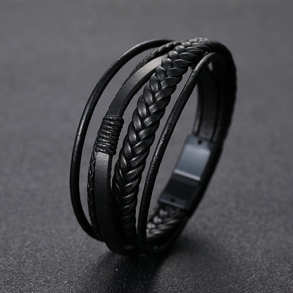 fachgo | 1pc Men's Hand-Woven Multi-Layer Leather Bracelet with Buckle Closure - Stylish Faux Leather Cuff, Durable & Versatile Accessory for Casual or Formal Wear