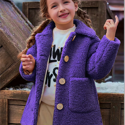 fachgo | [Lamb Fur Jacket] Girls' Lamb Fur Jacket | JOMAKE Korean-Style Lapel Collar, Two-Tone, Warm Windbreaker with Pockets, Lining, Button Closure, Long Sleeves for Winter
