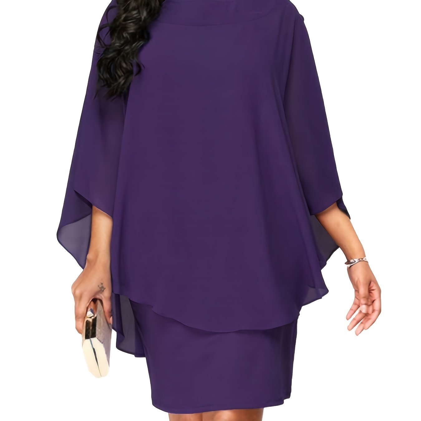 fachgo | Plus Size, Plus Size Women's Classic Solid Color Cover-Up Faux Two-Piece Blouse Chiffon Dress