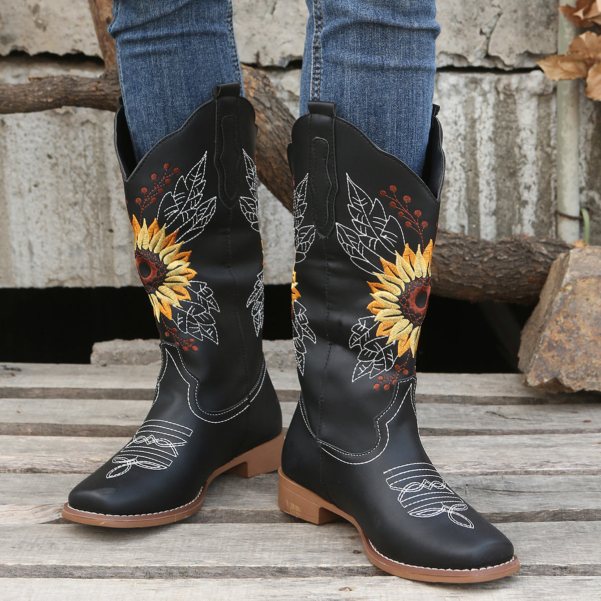fachgo | [Mid Calf Embroidered Western Boots] Women's Embroidered Mid Calf Western Boots, Faux Leather Fashion Boots, Women's Footwear