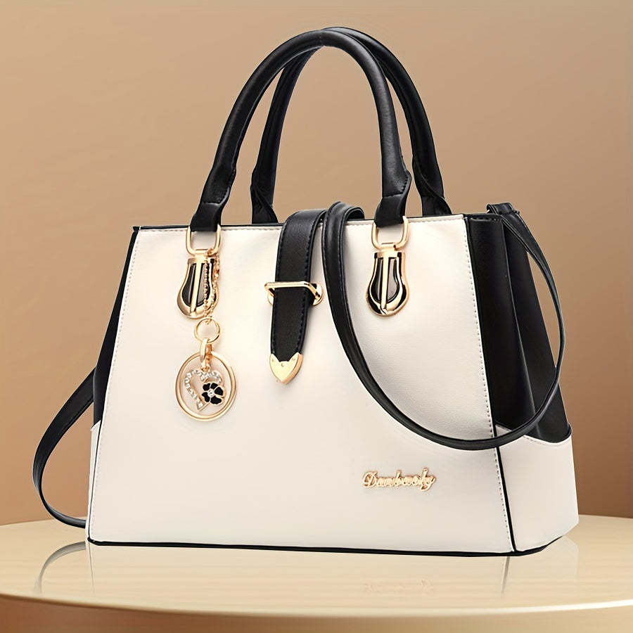 fachgo | Women's Letter Detail Shoulder Bag, Elegant Double Handle Purse, Simple Large Handbag For Work