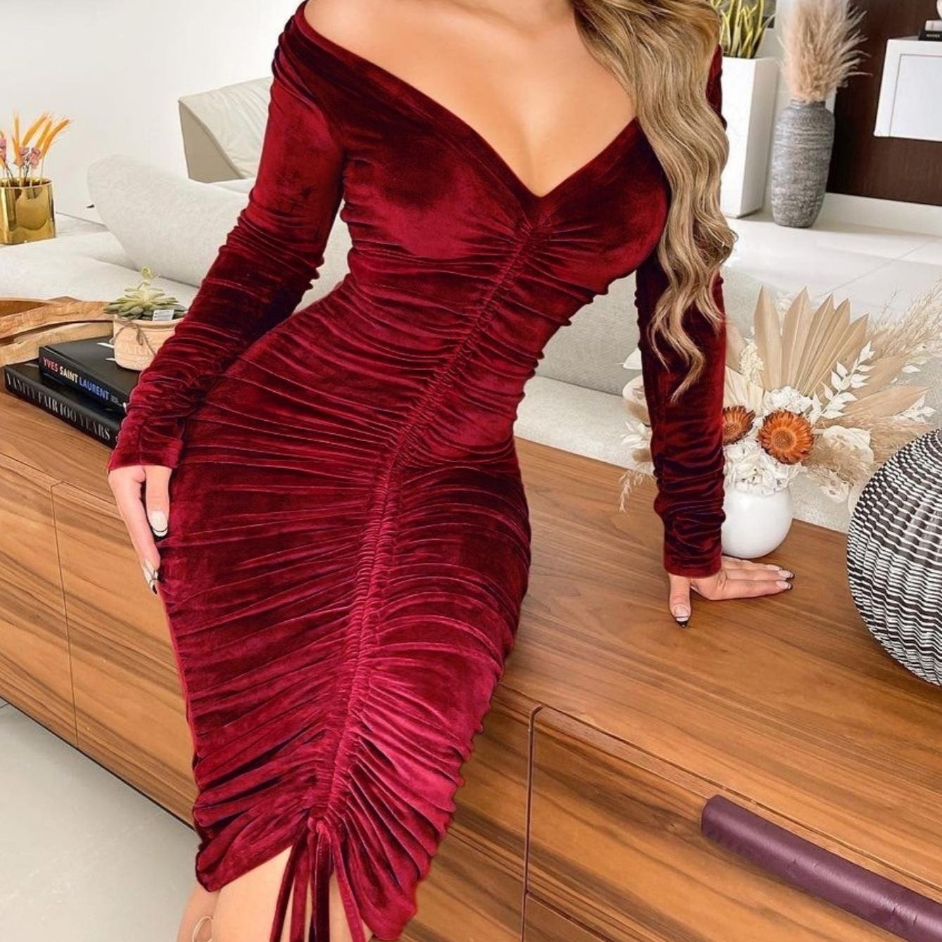 fachgo | Women's Dresses V Neck Off The Shoulder Velvet Ruched Mid-length Dresses