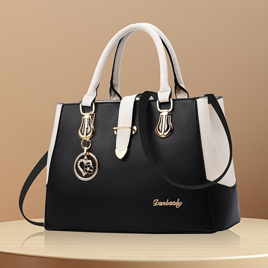 fachgo | Women's Letter Detail Shoulder Bag, Elegant Double Handle Purse, Simple Large Handbag For Work