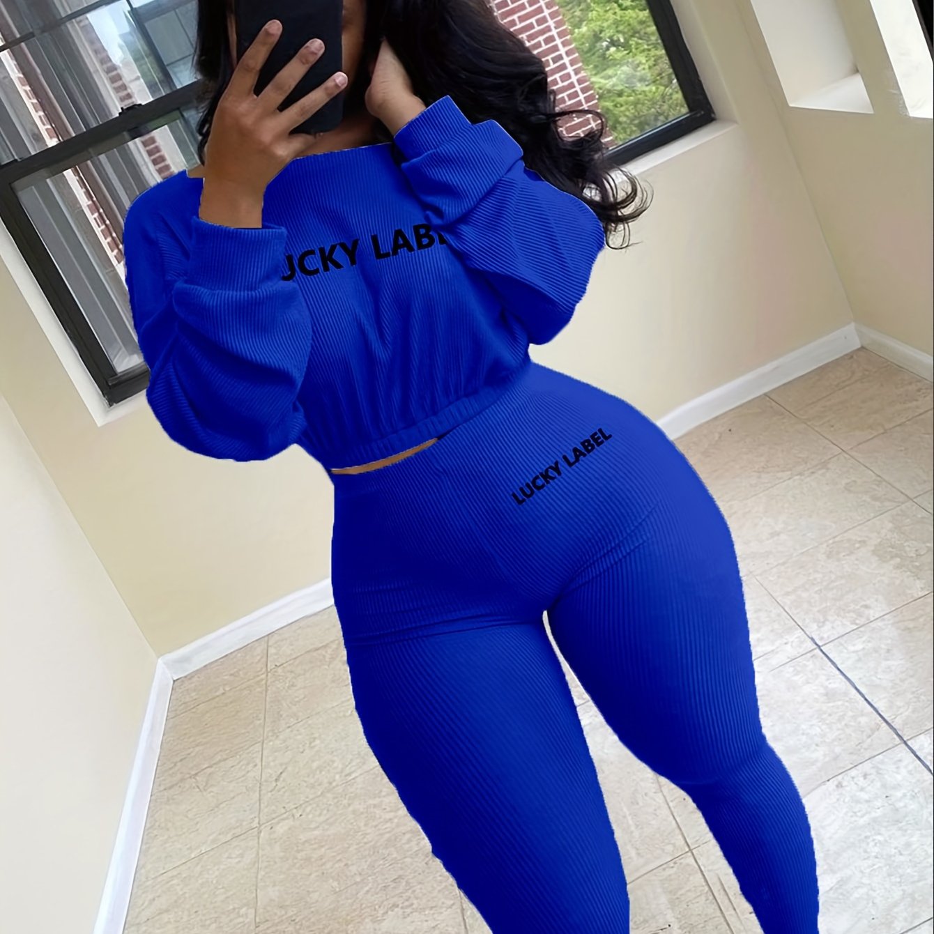 fachgo | [Women's Sweatshirt Set] Letter Embroidery Women's Two Piece Ribbed s Fall Spring Long Sleeve Sweatshirt and Skinny Pants Set