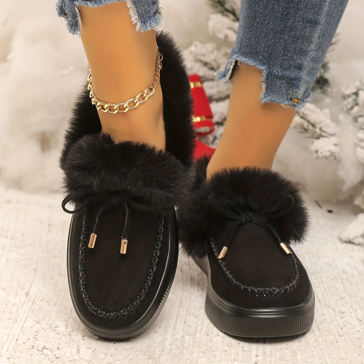 fachgo | New Women Winter Ankle Boots Snow Boots Plush Warm Slip-on Ladies Shoes Flats Plus Size