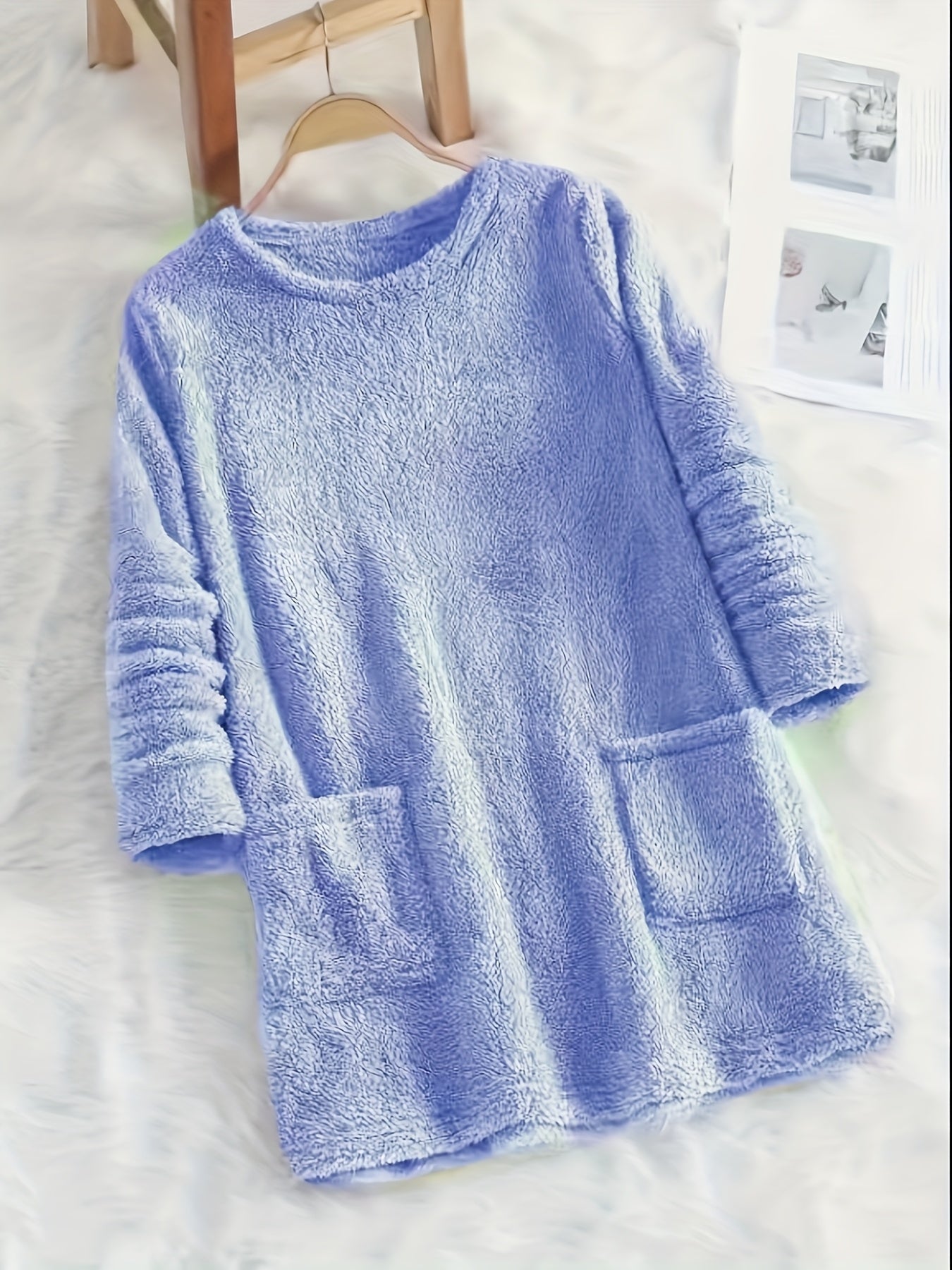 fachgo | Women's Cozy Plush Sweatshirt, Soft Purple Long Sleeve Pullover with Front Pockets Round Neck, Casual Sweater for Spring/Fall, Everyday & Formal Outfits