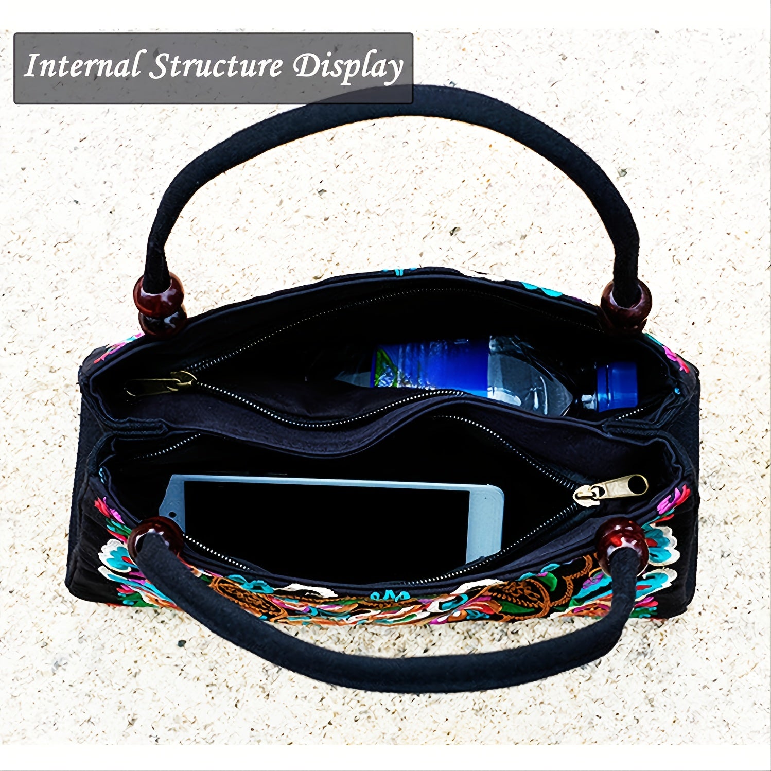 fachgo | Embroidered Handbag, Double Zipper Bag, Women's Printed Handbag