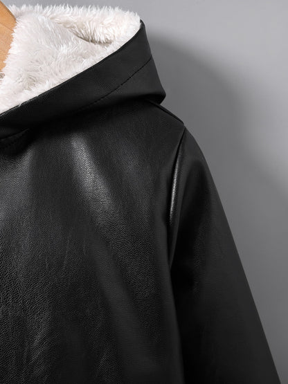fachgo | Boys' Faux Leather Jacket with Fleece Lining - Thickened Winter Coat, Full-Zip Front Closure, Machine Washable, Casual Style for Fall/Winter, Regular Fit