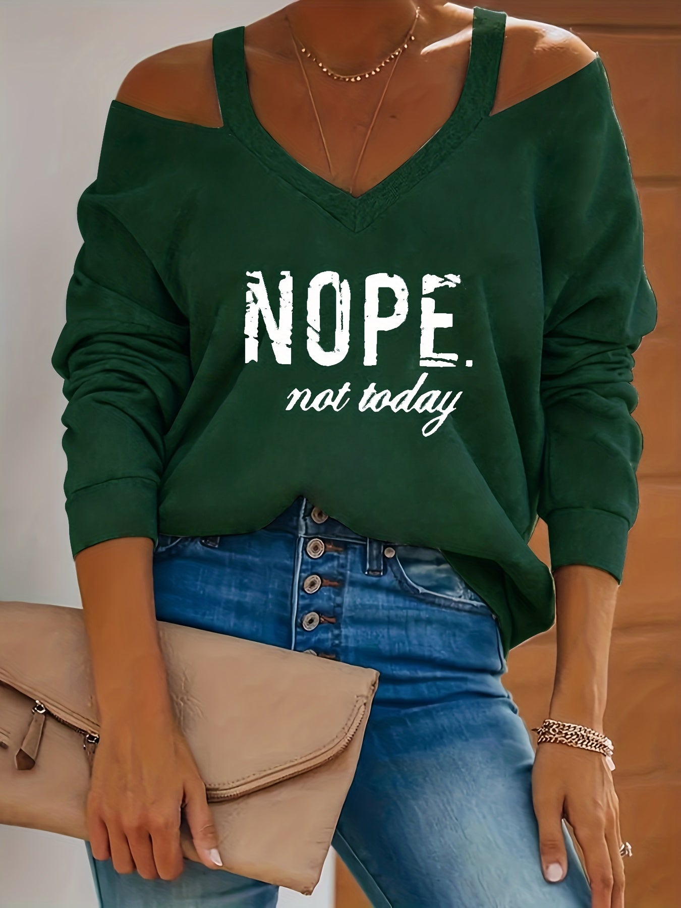 fachgo | Women's Retro Streetwear Off-Shoulder Sweatshirt - Semi-Sheer Casual Pullover with "NOPE Not Today" Print, Light Grey Spring/Fall Machine Washable Top, Spring Autumn Clothing | Textured Fabric