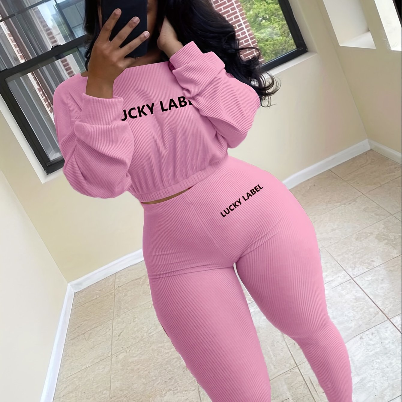 fachgo | [Women's Sweatshirt Set] Letter Embroidery Women's Two Piece Ribbed s Fall Spring Long Sleeve Sweatshirt and Skinny Pants Set