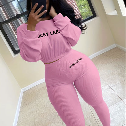 fachgo | [Women's Sweatshirt Set] Letter Embroidery Women's Two Piece Ribbed s Fall Spring Long Sleeve Sweatshirt and Skinny Pants Set