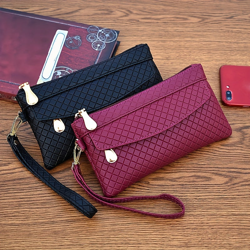 fachgo | Women's Argyle Quilted Clutch Bag, Multi Zipper Wristlet Bag For Phone & Coin, Fashion Handbag
