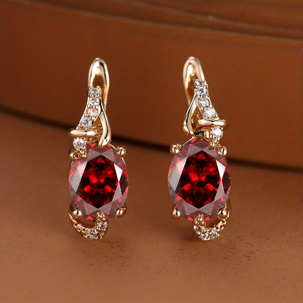fachgo | [18K Gold Plated Earrings] 18K Gold Plated Blue Stone Stud Earrings | Trendy Round Oval Cut White Blue Red Pink Stone Drop Earrings | Anniversary Claw Earrings Jewelry for Women