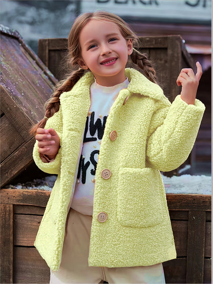 fachgo | [Lamb Fur Jacket] Girls' Lamb Fur Jacket | JOMAKE Korean-Style Lapel Collar, Two-Tone, Warm Windbreaker with Pockets, Lining, Button Closure, Long Sleeves for Winter