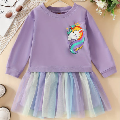 fachgo | Rainbow Tutu Hem Unicorn Print Long Sleeve Sweatshirt Dress - Magical Party & Vacation Outfit for Trendy Girls - Cozy Spring/Autumn Wear