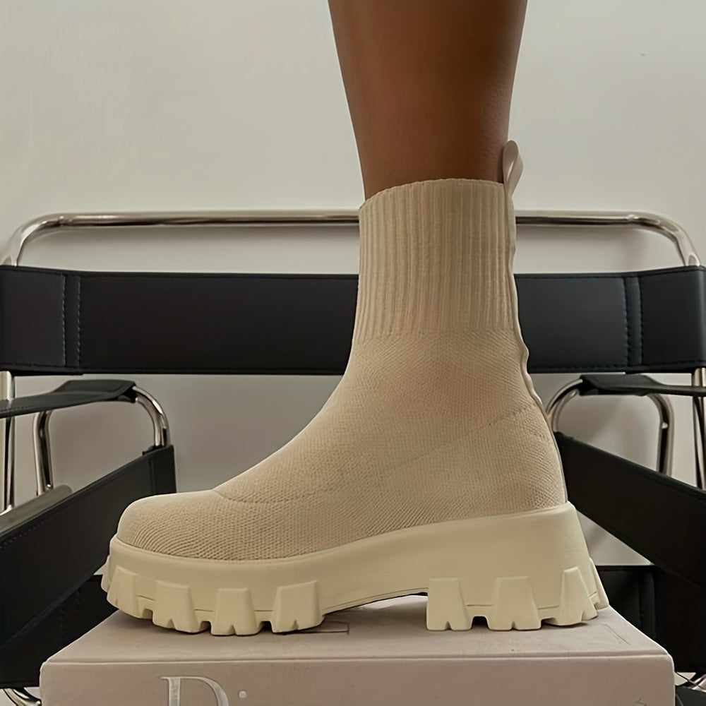 fachgo | Women's Thick-soled Short Boots, Knitted Round Toe Shoes, Women Shoes