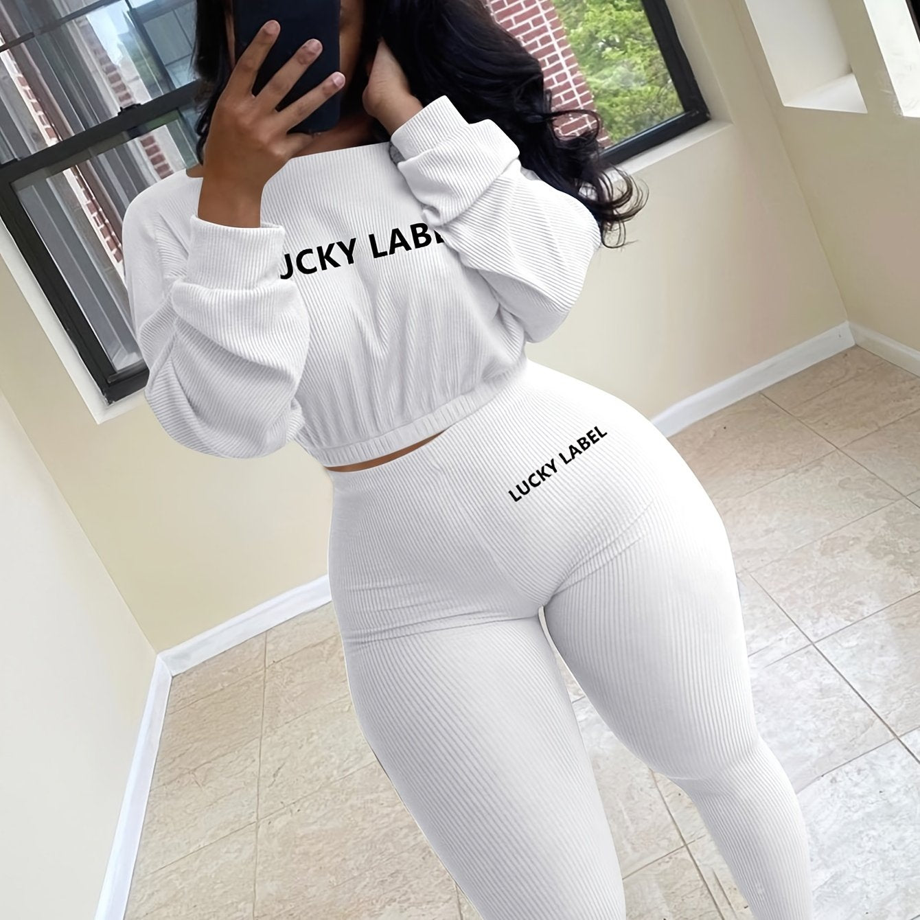 fachgo | [Women's Sweatshirt Set] Letter Embroidery Women's Two Piece Ribbed s Fall Spring Long Sleeve Sweatshirt and Skinny Pants Set
