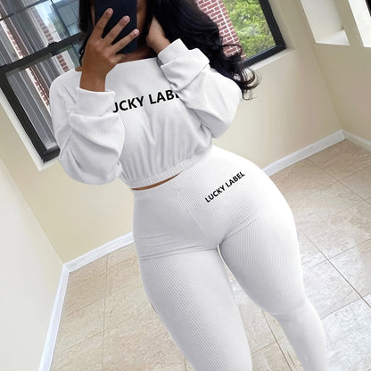 fachgo | [Women's Sweatshirt Set] Letter Embroidery Women's Two Piece Ribbed s Fall Spring Long Sleeve Sweatshirt and Skinny Pants Set