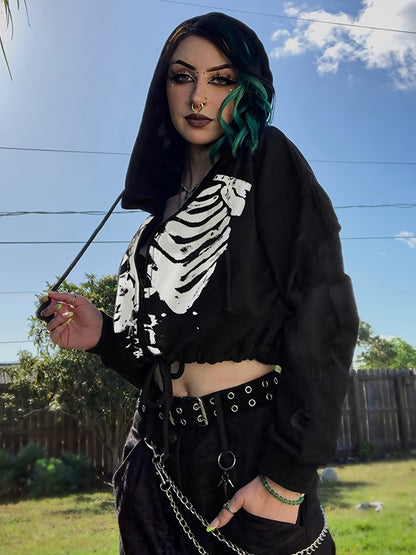 fachgo | Women's Fashion Gothic Skull Print Casual Drawstring Short Hoodie Long Sleeve Top