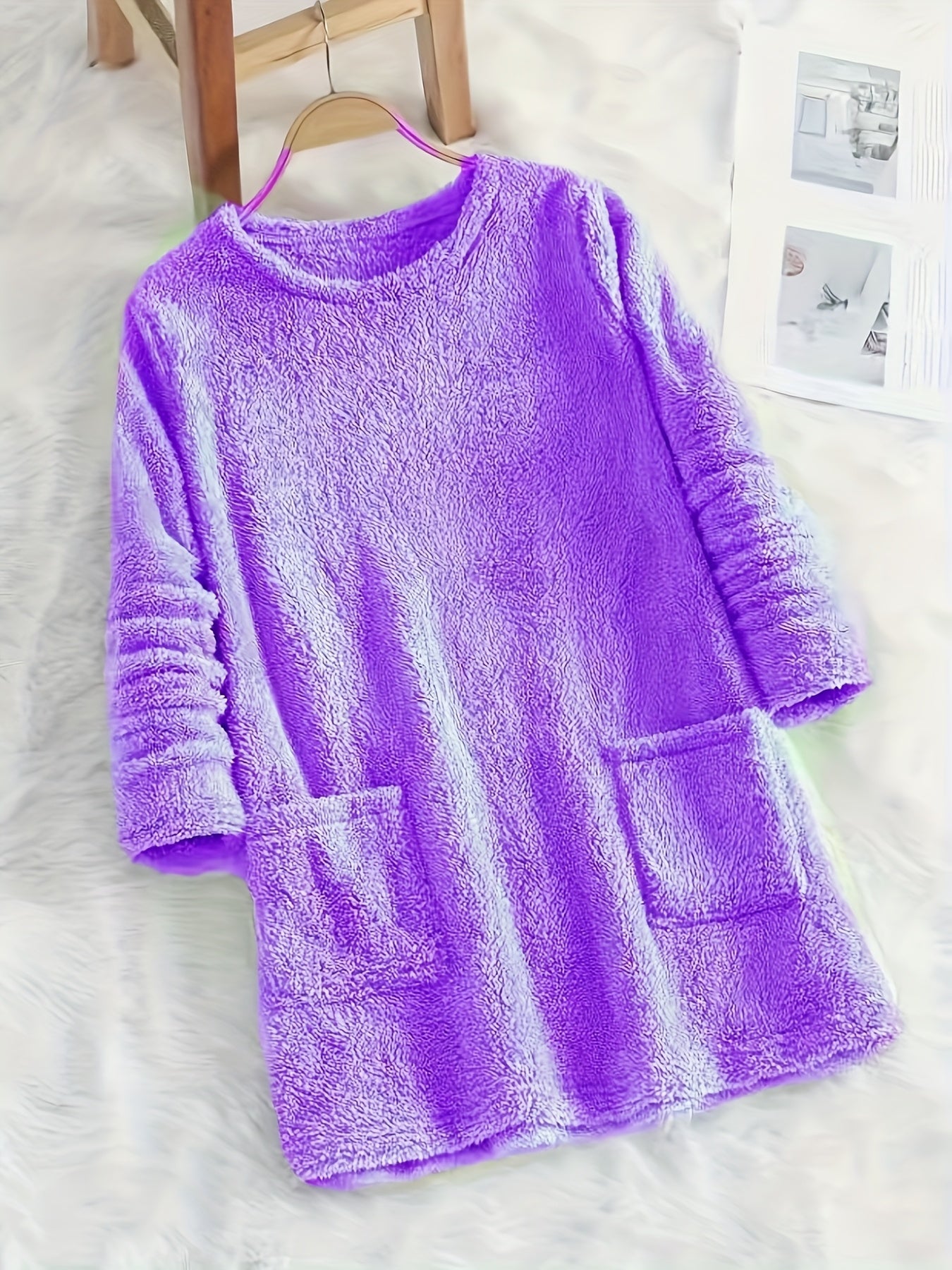 fachgo | Women's Cozy Plush Sweatshirt, Soft Purple Long Sleeve Pullover with Front Pockets Round Neck, Casual Sweater for Spring/Fall, Everyday & Formal Outfits