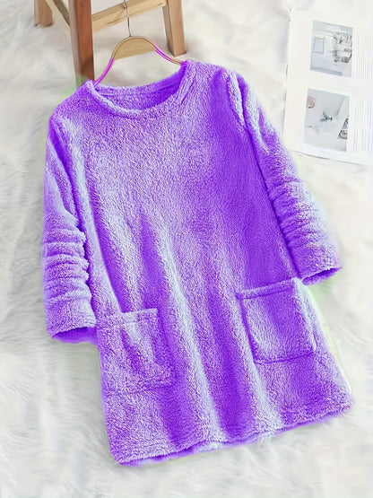 fachgo | Women's Cozy Plush Sweatshirt, Soft Purple Long Sleeve Pullover with Front Pockets Round Neck, Casual Sweater for Spring/Fall, Everyday & Formal Outfits