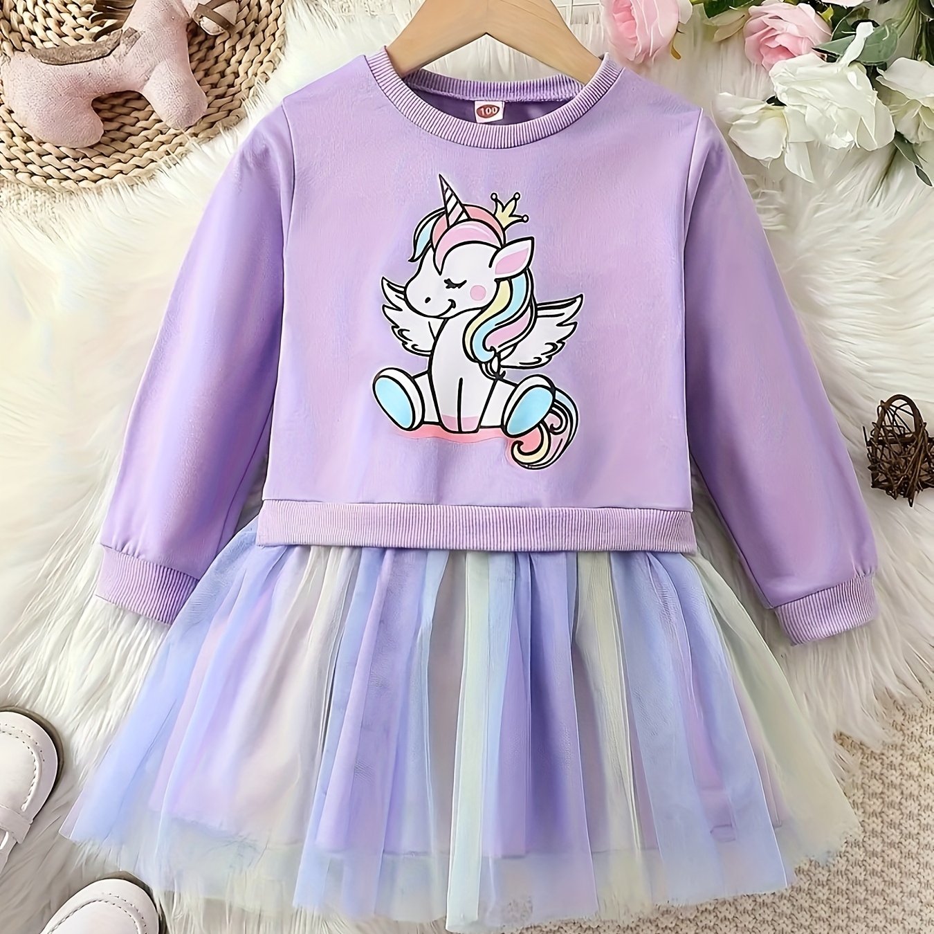 fachgo | Rainbow Tutu Hem Unicorn Print Long Sleeve Sweatshirt Dress - Magical Party & Vacation Outfit for Trendy Girls - Cozy Spring/Autumn Wear
