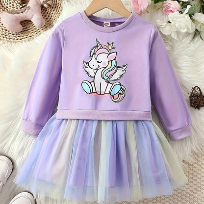 fachgo | Rainbow Tutu Hem Unicorn Print Long Sleeve Sweatshirt Dress - Magical Party & Vacation Outfit for Trendy Girls - Cozy Spring/Autumn Wear