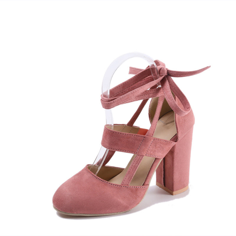 fachgo | [Elegant Sandals] Elegant High Heel Sandals | Women's - Solid Color Fabric Upper, Round Toe, Lace-Up Ankle Strap, Block Heel, Rubber Sole, Man-Made Insole & Inner Material