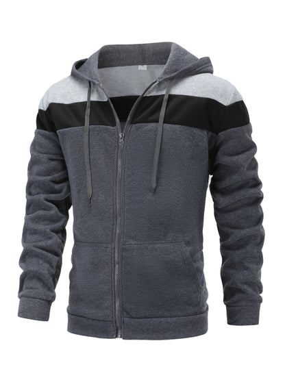 fachgo | Men'S Casual Hooded Sweatshirt, Solid Color Zip-Up Pullover, Long Sleeve Polyester Knit Fabric, Regular Fit with Slight Stretch, 160gsm - Autumn/Winter Fashion