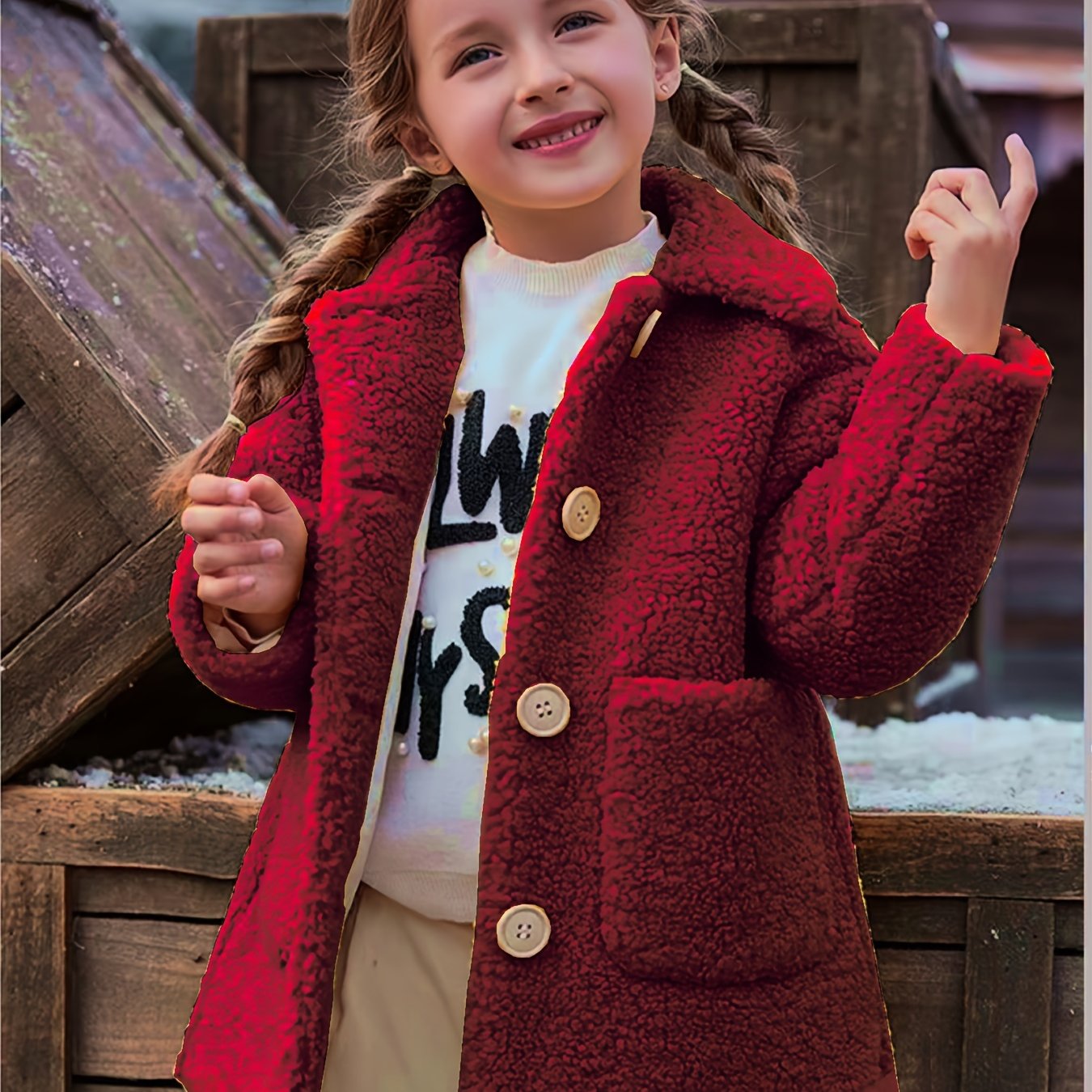 fachgo | [Lamb Fur Jacket] Girls' Lamb Fur Jacket | JOMAKE Korean-Style Lapel Collar, Two-Tone, Warm Windbreaker with Pockets, Lining, Button Closure, Long Sleeves for Winter