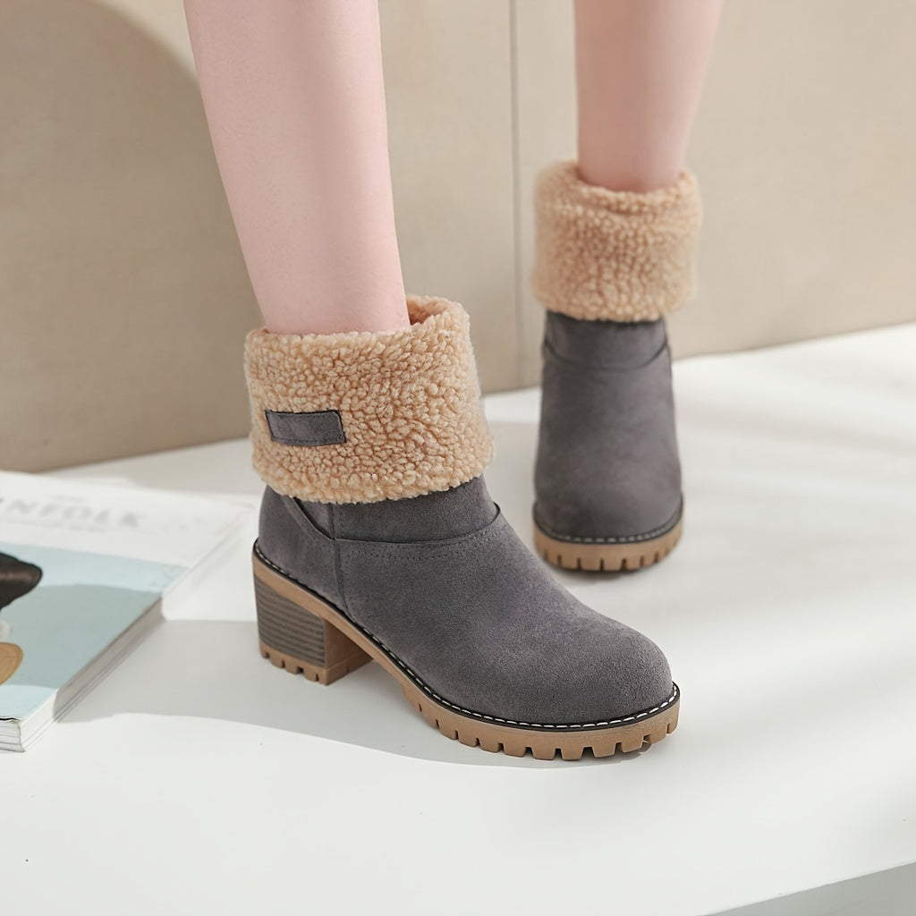 fachgo | Women's Warm Faux Fur Lined Boots, Slip On Block Heeled Ankle Boots, Women's Footwear