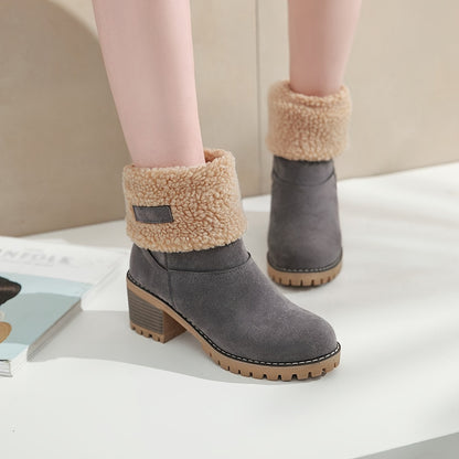 fachgo | Women's Warm Faux Fur Lined Boots, Slip On Block Heeled Ankle Boots, Women's Footwear